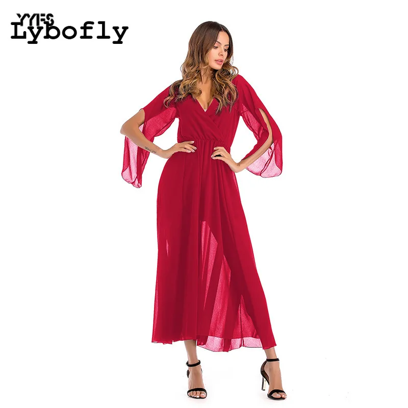 Женское летнее платье макси шифоновое однотонное длинное вечернее с v образным