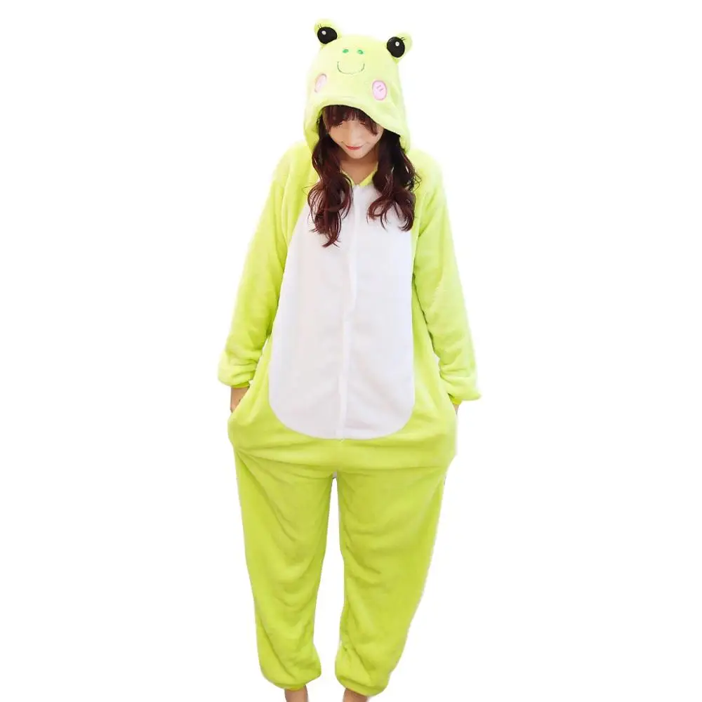 Unisex Adults Animal Pajamas Anime Onesie Green Frog Flannel Cartoon Cute Warm Cosplay Sleepwear