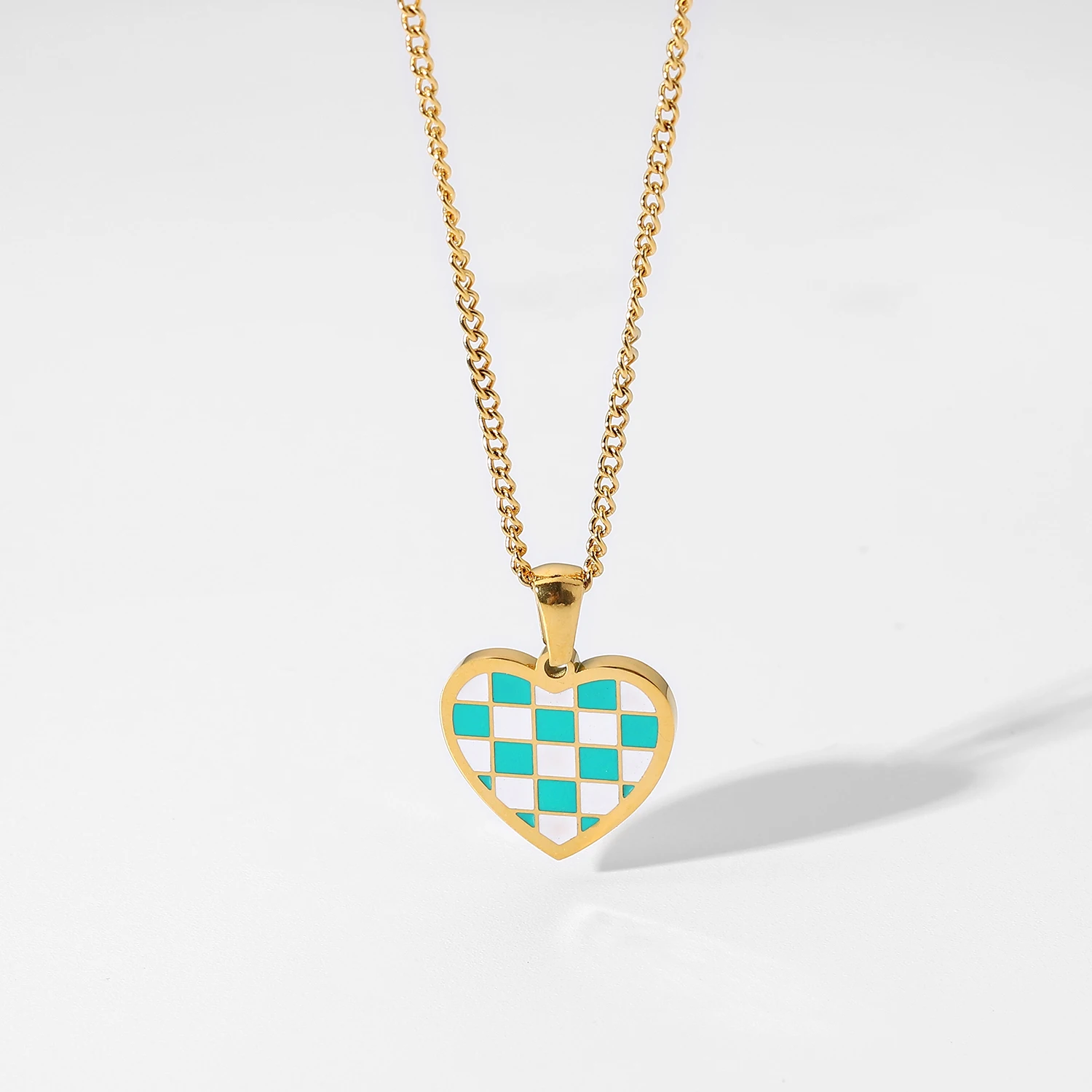 

18K Gold Plated Stainless Steel Blue White Enamel Checkerboard Grid Heart Shape Pendant Necklace For Women Girls Party Jewelry