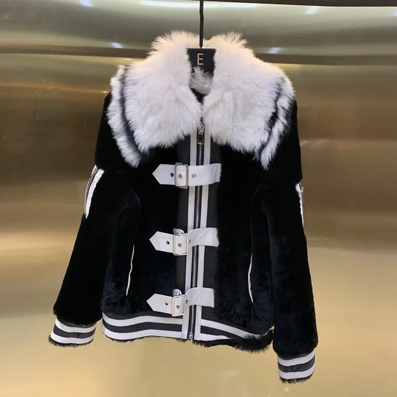 

SHZQ New Loose Leather Jackets for Women Winter Genuine Sheepskin Leather and Sheep Fur Coats with Real Lamb Fur Collar