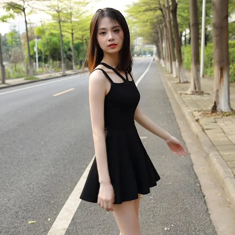 

Women's Spring Summer Style Dress Women's Solid Color Sleeveless Sexy Ruffles V-neck Korean A-line Dress SS1291