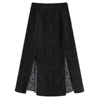 2022 autumn black vintage elegant womens skirt dark grid pattern frosted flocking splicing high waist a line midi skirt female