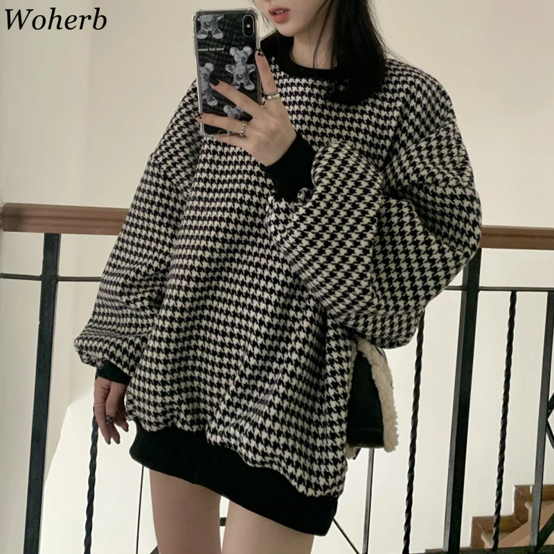 Woherb Корейская толстовка женские модные клетчатые пуловеры с круглым вырезом и