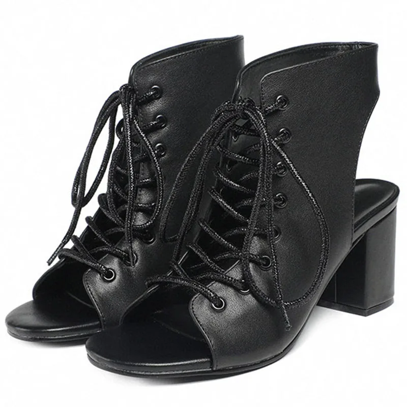 

Fashion Sandals Pumps Peep Toe Vintage Punk Rock Gothic Sandals Real Leather Lace Up Lady Thick Platform High Heels Sandals New