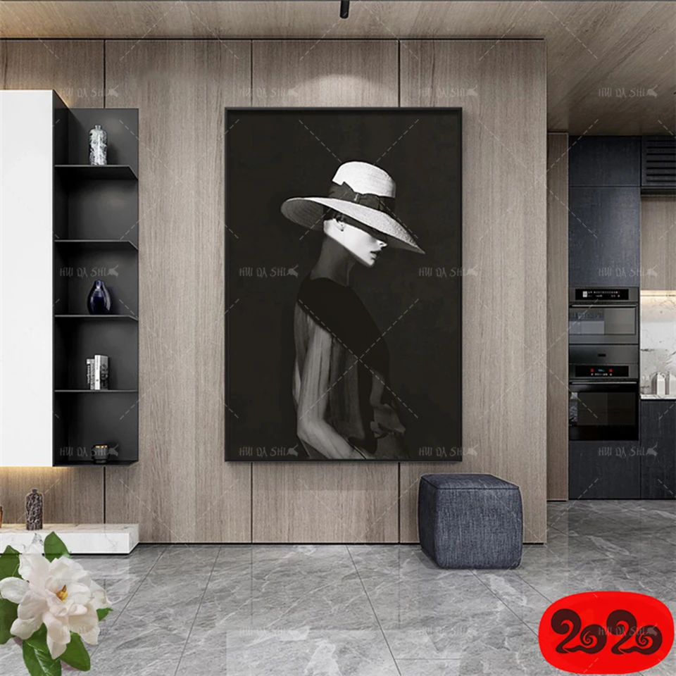

Modern Fashion Black And White Ladies Hat Canvas Frame Print Poster Wall Art Print Painting Living Room Bedroom Home Decoration