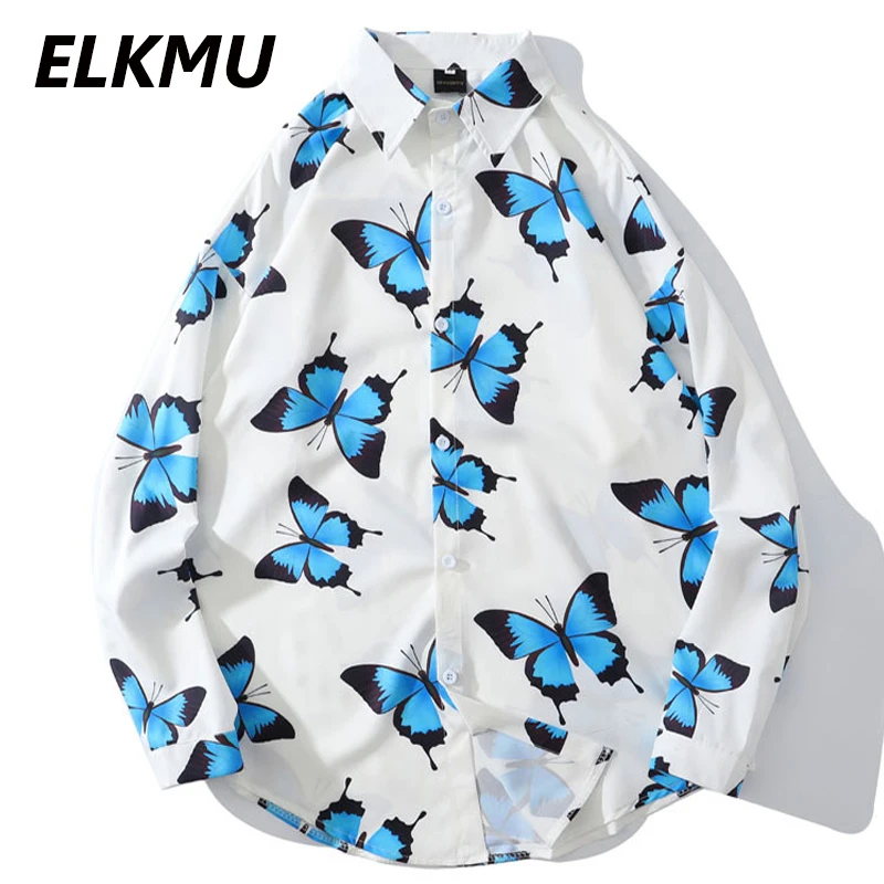 ELKMU синяя рубашка с принтом бабочки уличная одежда Harajuku куртка Осенняя мода