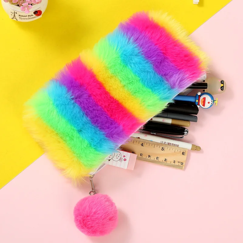 

Fluffy Fuzzy Plush Sequins Pencil Case Pen Holder Bag Stuffed Plushy Pen Pouch with Keychain Stationery Organizer Cosmetic Bag