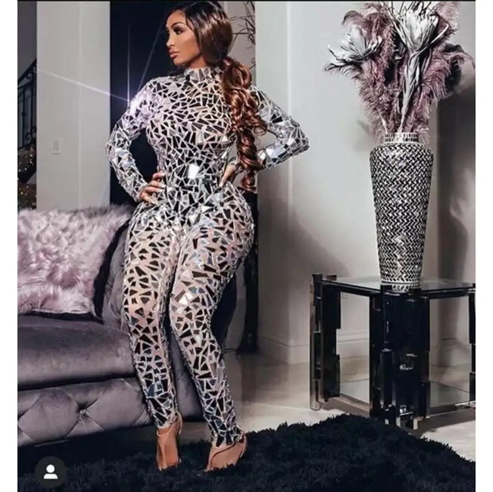 

Блестящий серебристый сетчатый прозрачный комбинезон с открытой спиной, костюм для вечеринки, дня рождения, костюм для певицы, выступления, танцевального трико, боди