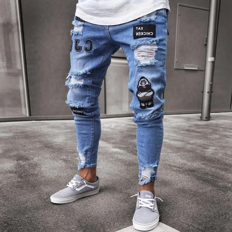 

Men Stretchy Ripped Skinny Biker Embroidery Print Jeans Destroyed Hole Taped Slim Fit Denim Pants Scratched High Quality Trouser