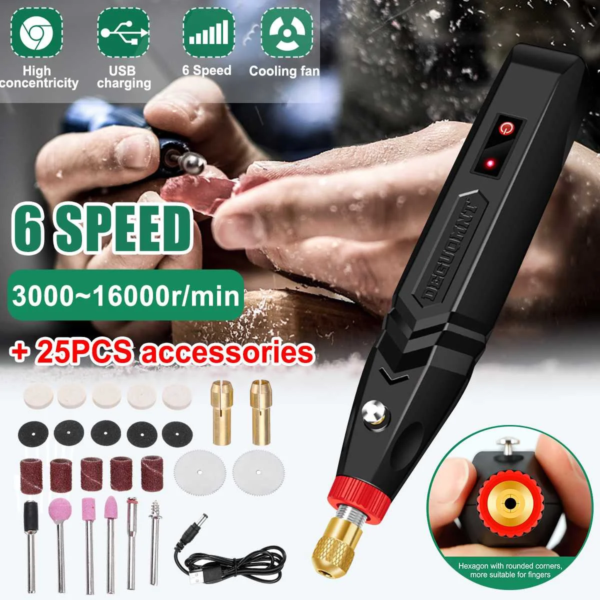 

25PCS Variable Speed Mini Grinder Set USB Charging Electric Drill Engraving Pen Rotary Tools for Polishing Carving Sanding