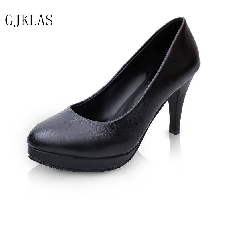 Недорогие удобные офисные кожаные туфли женские на высоком каблуке платформе