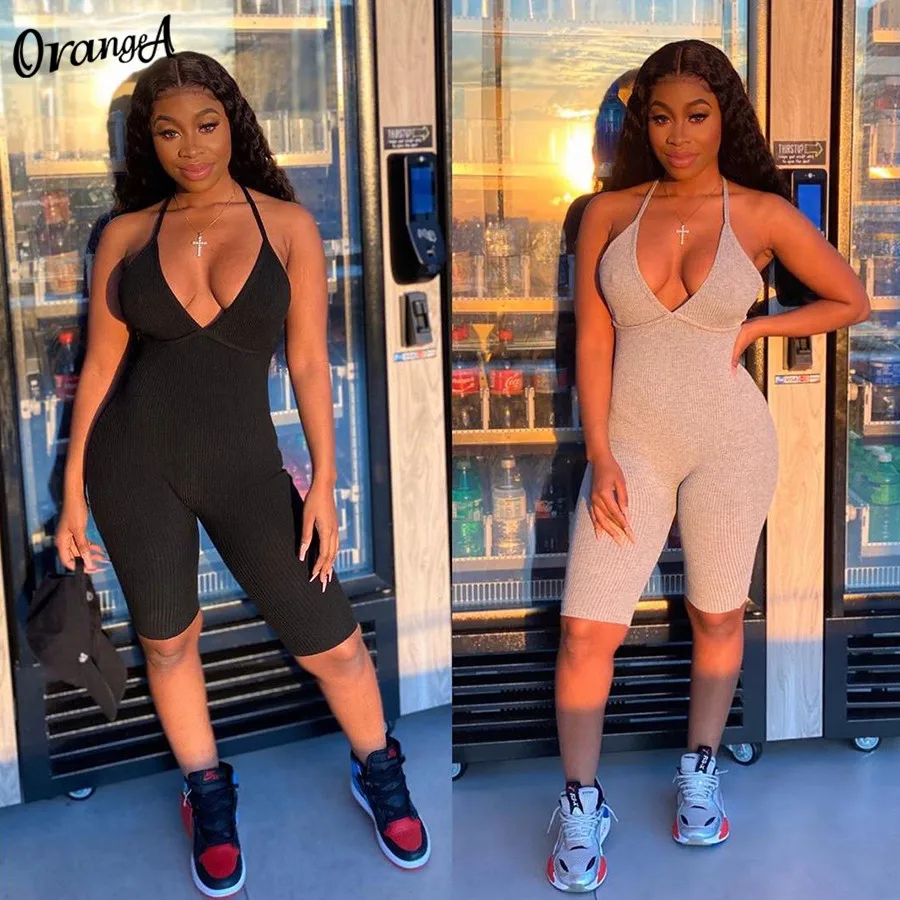 

OrangeA 2021 new fitness romper women blackless v-neck sleeveless elastic hight skinny female activewear summer casual outfit