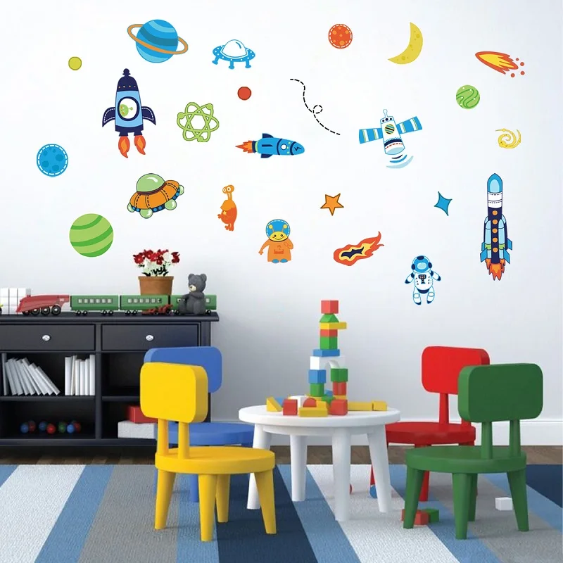 Zollor Наклейка на стену с мультяшным космическим кораблем ракеткой планетой для