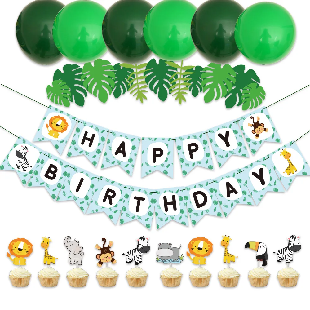 

Grassland Animal Theme Birthday Party Decorated With Lion Cartoon Animals Pull Flag Pull Flower Balloon Cake Inserts Set
