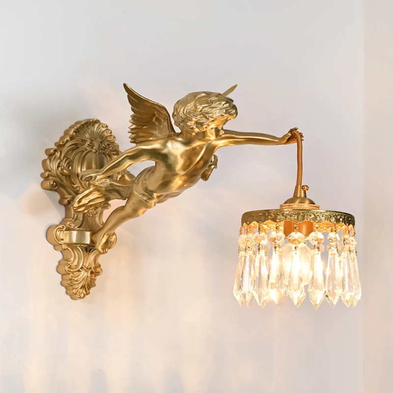 

French Copper Angel Living Room Bedroom Study Aisle American Retro Light Luxury Crystal Wall Lamp