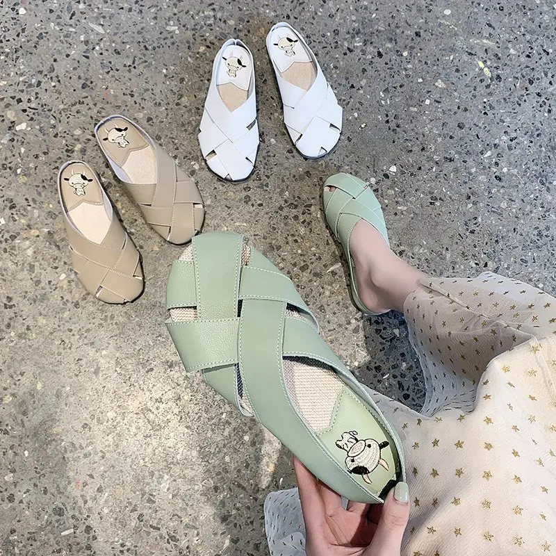 

Flat Shoes Female Woman's Slippers Low Mules Sexy Slides Fashion Cover Toe 2021 Luxury Rubber Fabric Basic PU Fretwork Cover Toe