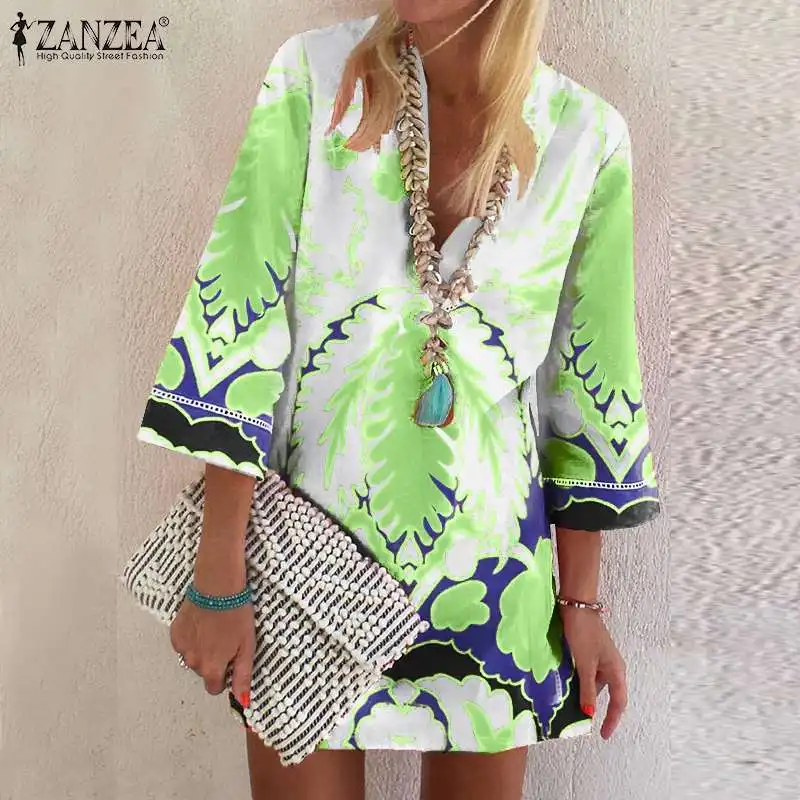 

ZANZEA Bohemian Femme Summer Floral Printed Casual Holiday Sundress Women V Neck 3/4 Sleeve Beach Mini Dress Tunic Vestidos Robe