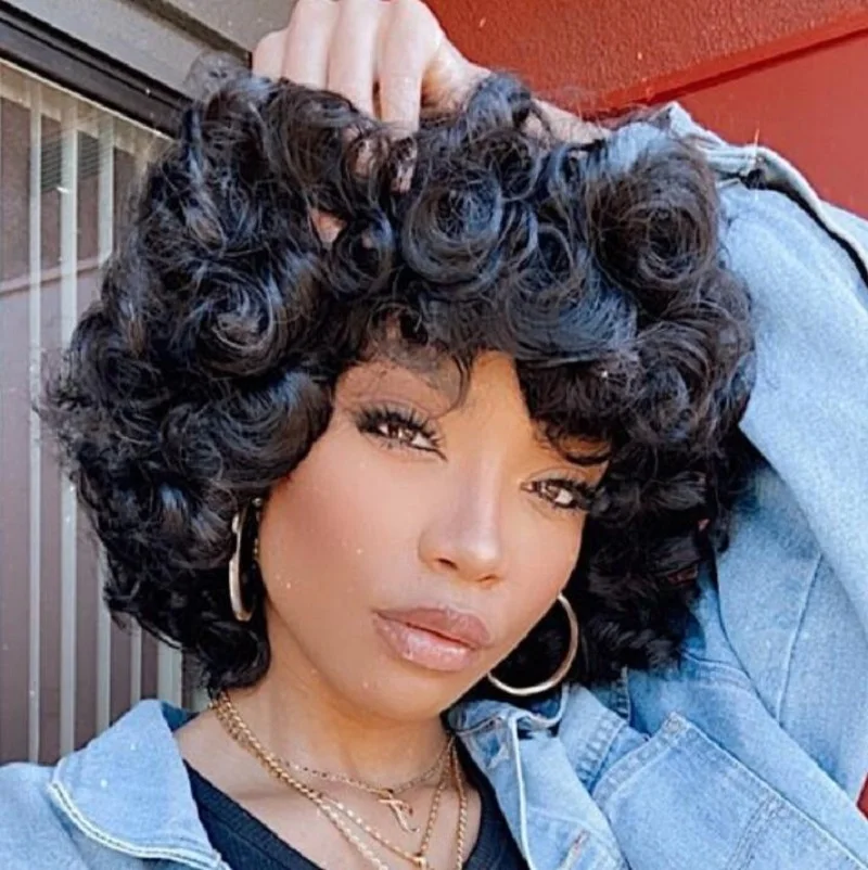 

Short Curly Wigs Rose Curly Wig With Bangs Fumi Human Hair Full Machine Made Deep Wave Water Virgin Brazilian for Black Women