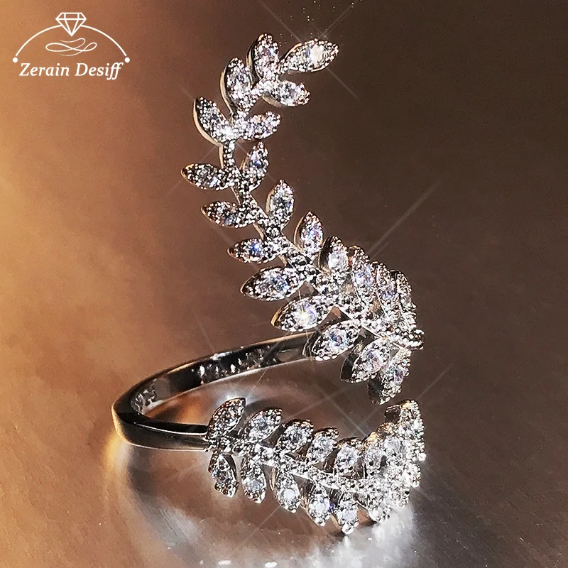 

Zerain Desiff Cocktail Rings for Women Graceful Leaves at Both Ends of the Open Ring Silver Color Zi Crystal