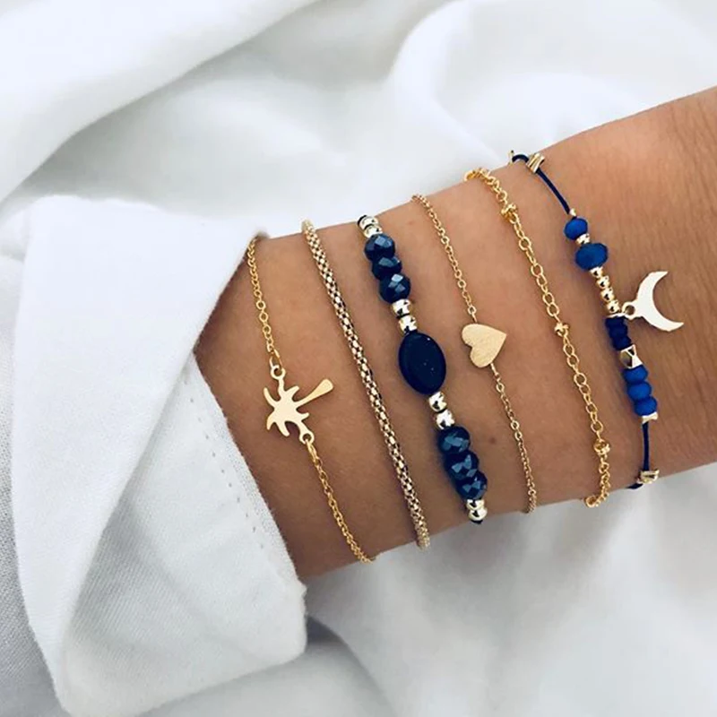 Комплект женских многослойных браслетов с подвеской в виде сердца и кокосового