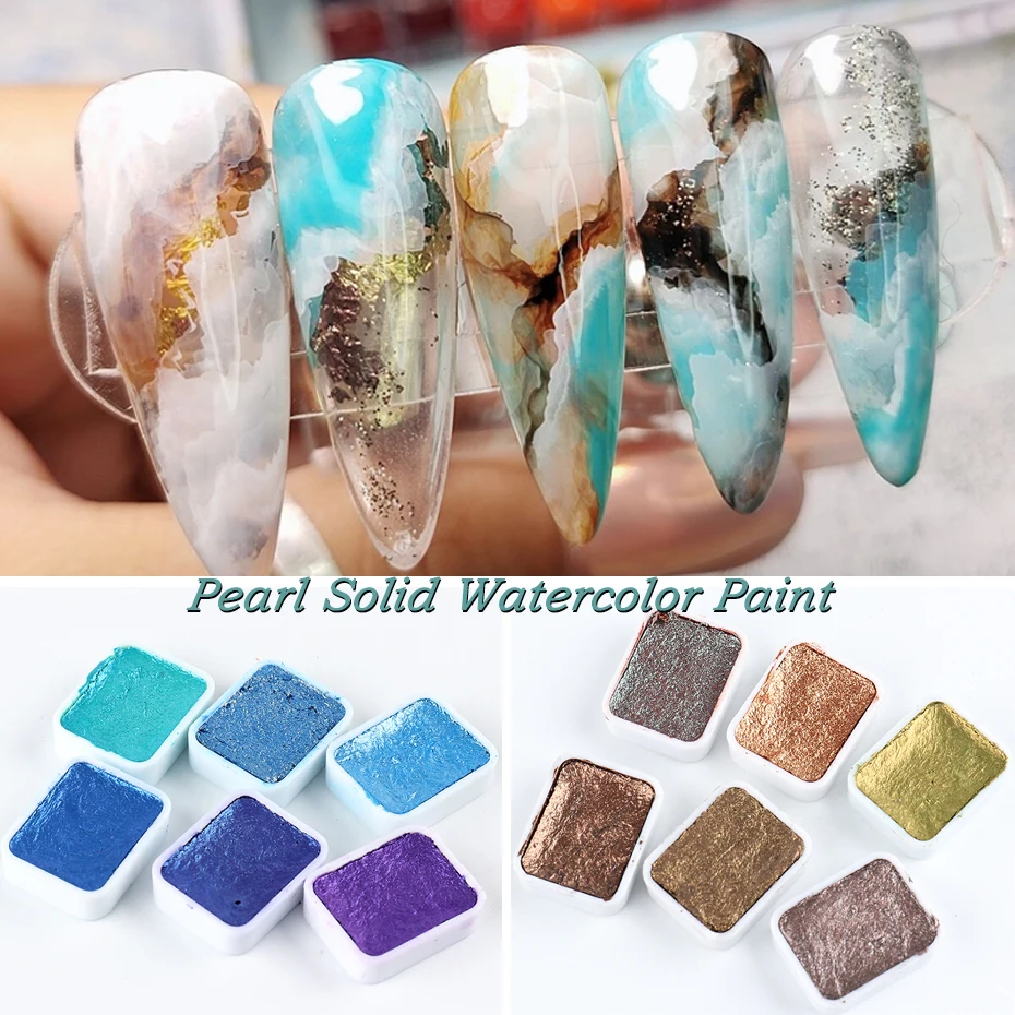 Акварель для ногтей 6/12 цветов однотонная металлик синий фиолетовый жемчужный