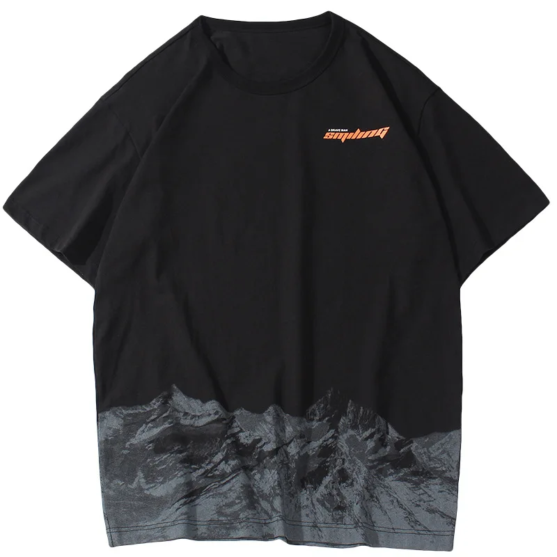 

2021 Summer New Men's Snow Mountain Print T-shirt Male Loose Couple Trend Short-sleeved Round Neck Casual Top men clothing