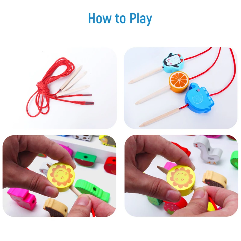Monterssori 42pcs Wooden Toys Baby DIY Toy Cartoon Fruit Animal Stringing Threading Wooden beads Toy Educational for Kids