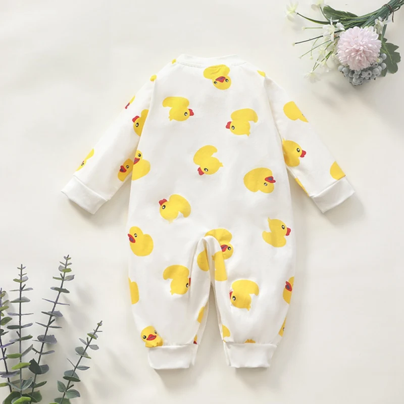

Baby Boy Girls Cute Cartoon Duck Print Romper Autumn Winter Toddler Jumpsuit Kids Single-breasted Long-sleeved Trousers Bodysuit