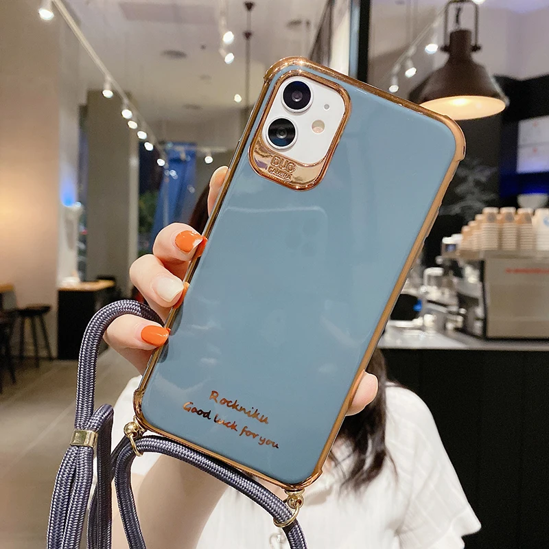 

Luxury Cute Plating Silicone Lanyard Phone Case For iPhone 12 11 Pro Max XSmax XR X 8 7 Plus Ultra-thin Shockproof Strap Cover