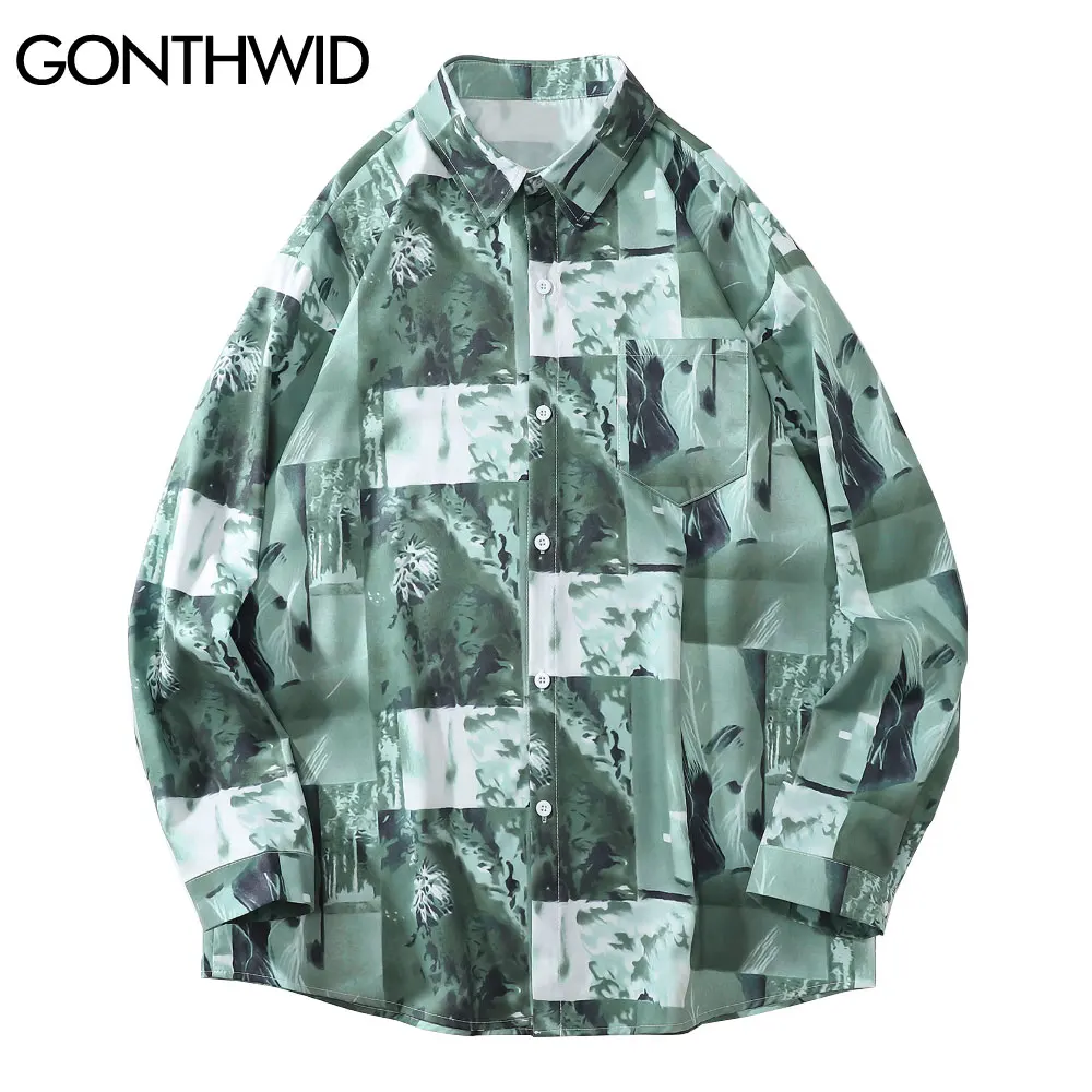 

Рубашка GONTHWID, в стиле хип-хоп, с принтом, с длинными рукавами, уличная мода, Харадзюку, Повседневная Свободная блузка на пуговицах