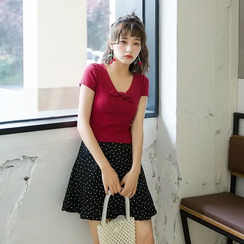 2020 милый женский комплект из топа и юбки пуловер с бантом короткий красный свитер