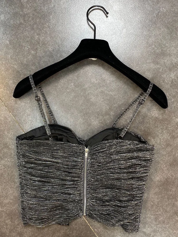 Retro bright silk sexy leaky shoulder pleated zou tube top style suspenders vest ladies summer new fashion all-match short top
