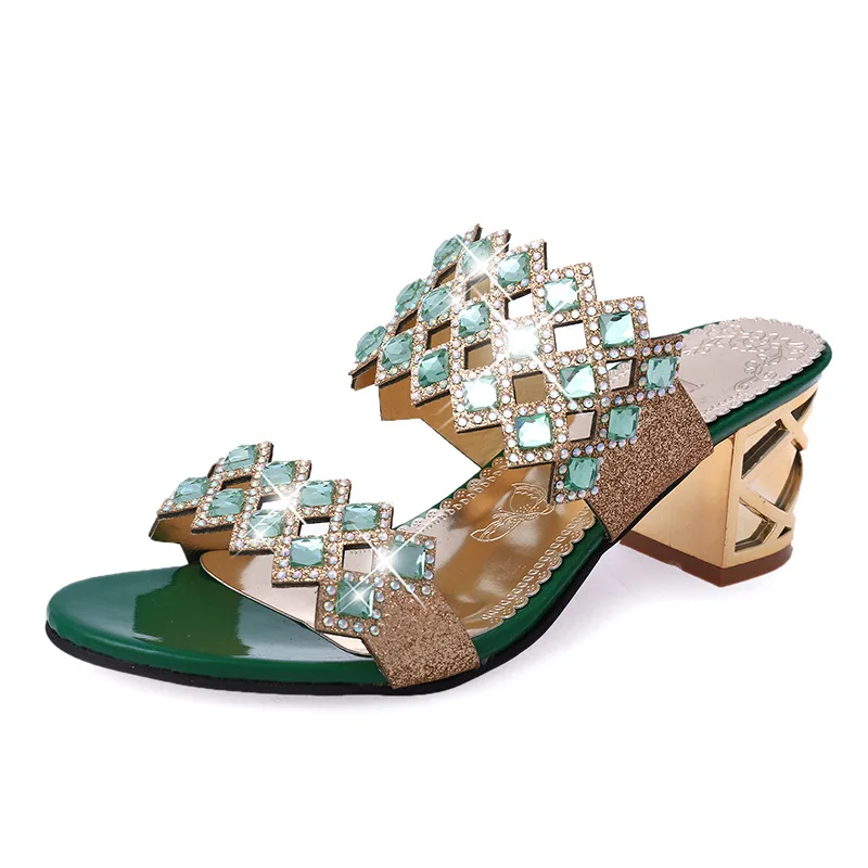 

Shoes Woman 2021 Med Glitter Slides Square heel Female Slippers Fashion Fretwork Heels Jelly Block New Luxury Summer Rubber Crys