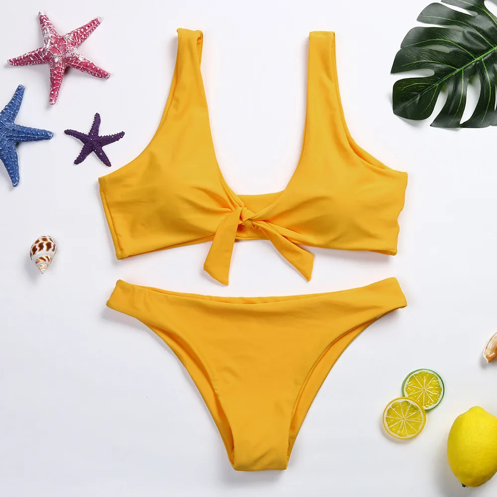 

Ladies Swimsuit Suit Fashion Simple Solid Color Chest Knot Split Swimsuit Bikini Suit Summer New Beach Swimwear