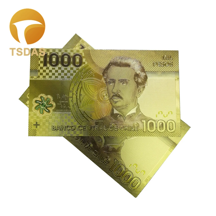 Цветные золотые банкноты Чили 1000 Pesos с покрытием 24 каратным золотом поддельные