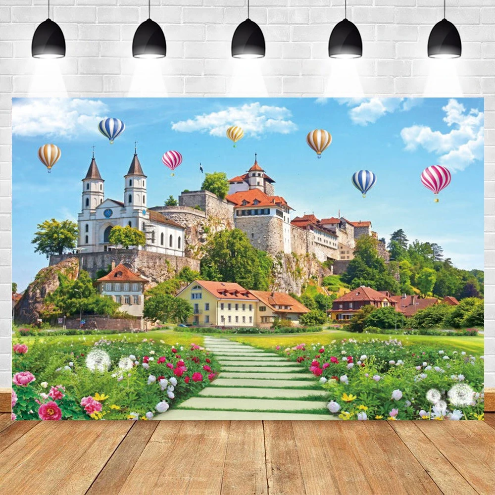 

Spring Garden Natural Scenery Castle Backdrop Flower Wedding Hot Air Balloon Decor Photography Background For Photo Studio Props