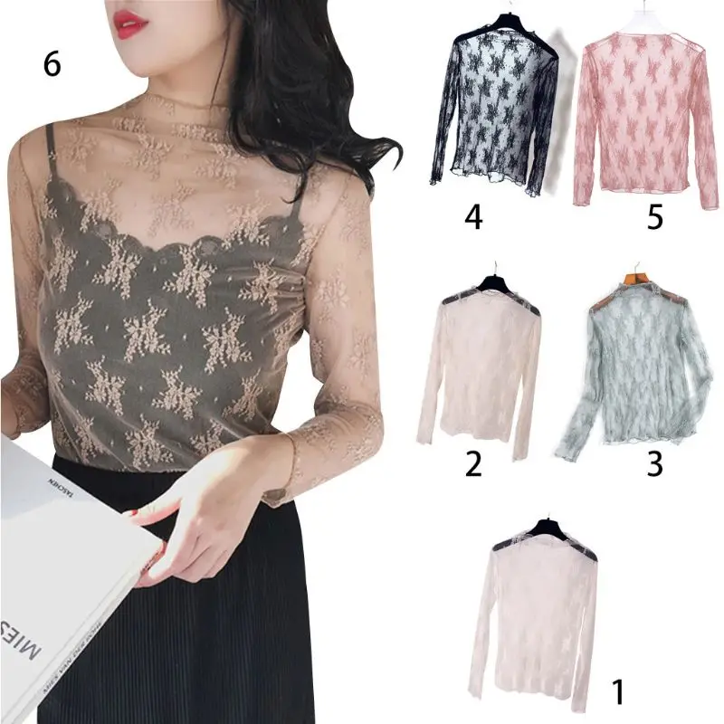

Womens Summer Spring See Through Mesh Basic Long Sleeve Blouse Mock Neck Solid Color Embroidered Floral Lace Loose 6 Colors