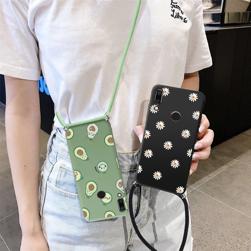 

Silicone Avocado Daisy Case for huawei y9 y7 y6 y5 prime 2018 2019 Y8P Y7P Y6P Y5P P40 P30 lite Necklace Lanyard Rope Cover