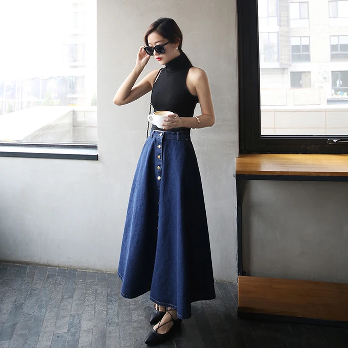 KALENMOS Korean Preppy Style Denim Skirt Women Solid Color High Waist Long Feminina Big Hem Ball Gown Button Jean Skirts | Женская