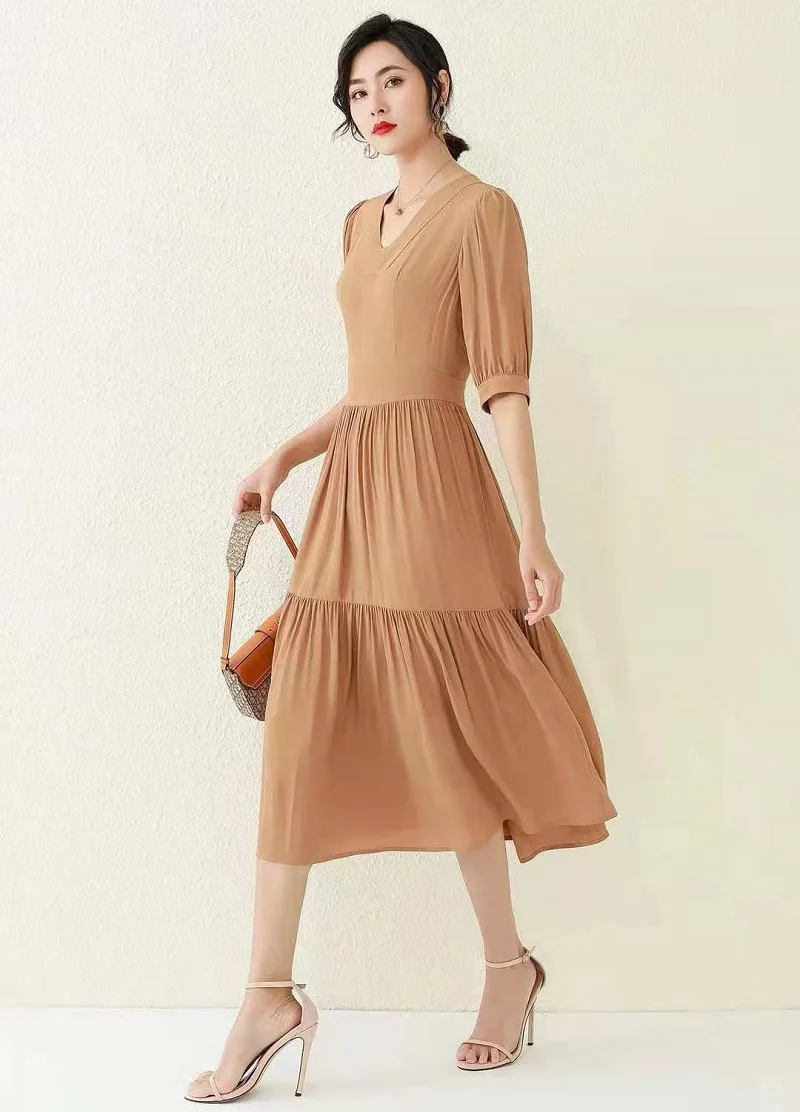 

Top Quality New Women's Dress 2021 Summer Ladies V-Neck Color Block Stitching Ruffle Patchwork Mid-Calf Khaki Dark Blue Dress