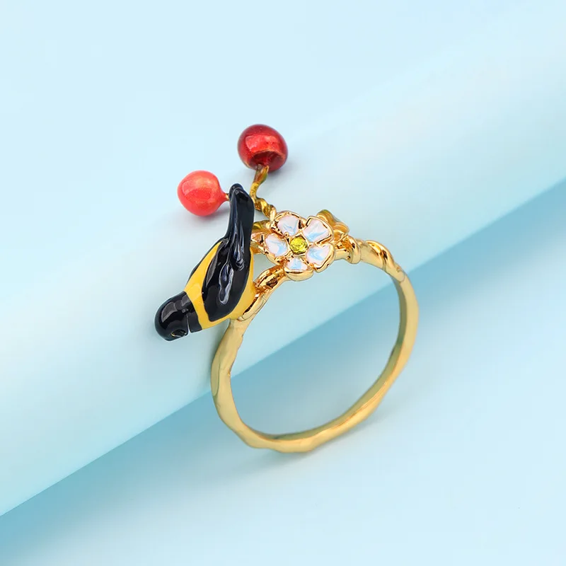 

European and American Fashion Trend Personality New Simple Enamel Glaze Handmade Cute Bird Animal Ring Female Fresh Flower Ring