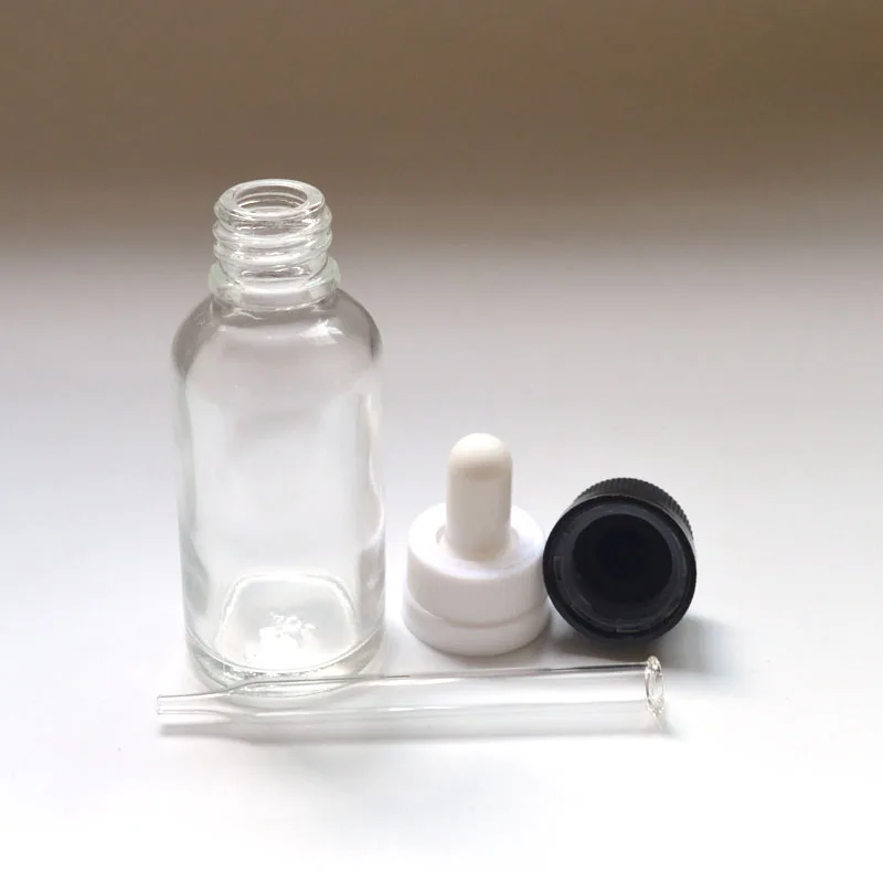 Clear 30 мл Стекло бутылка 1 Oz бутылки для жидкости с безопасной для детей Кепки и стеклянные пипетки