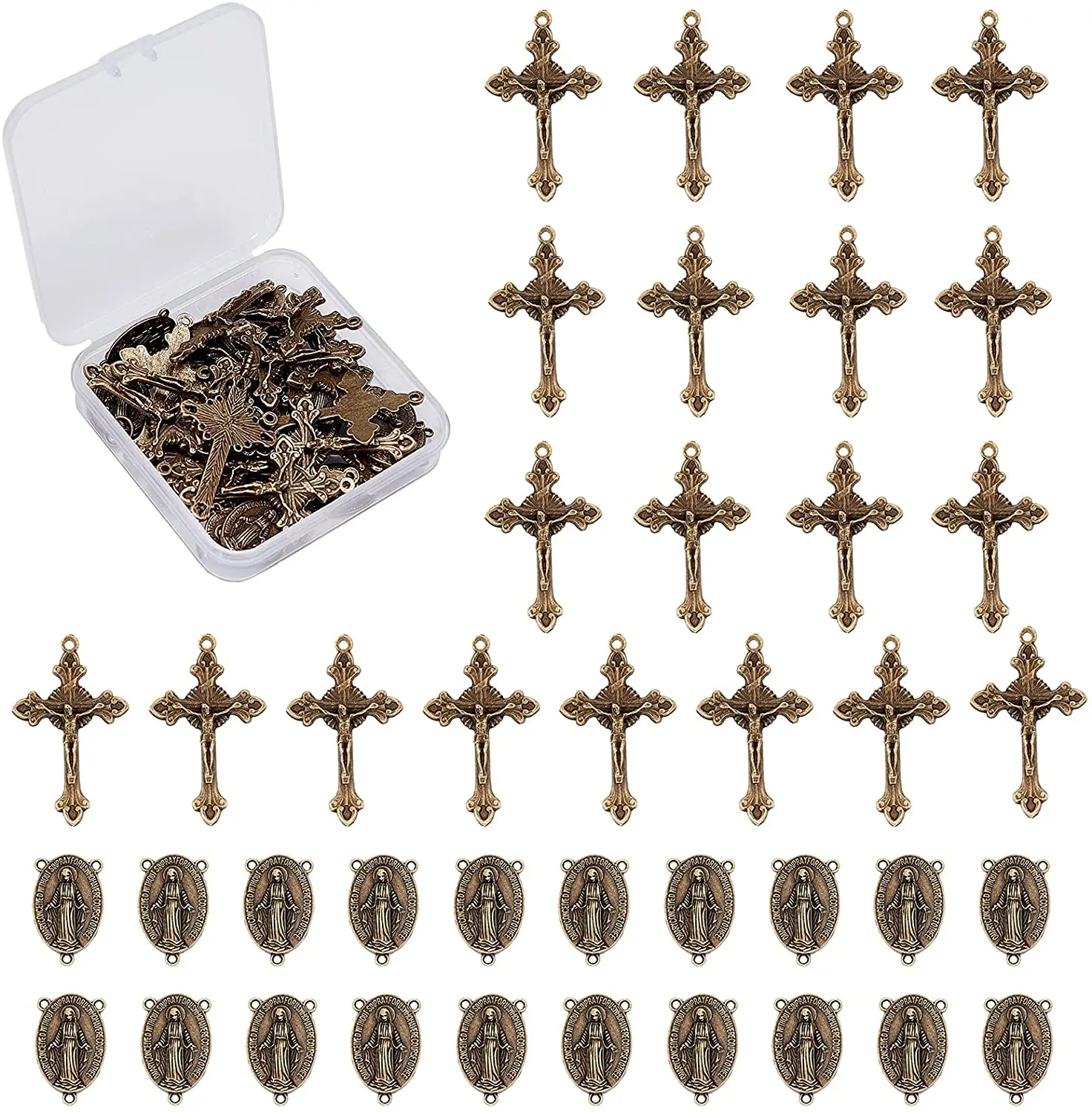 

1 коробка из 40 бусин из античной бронзы, крест-центр, медальон, подвеска из сплава, подсвечник, бижутерия