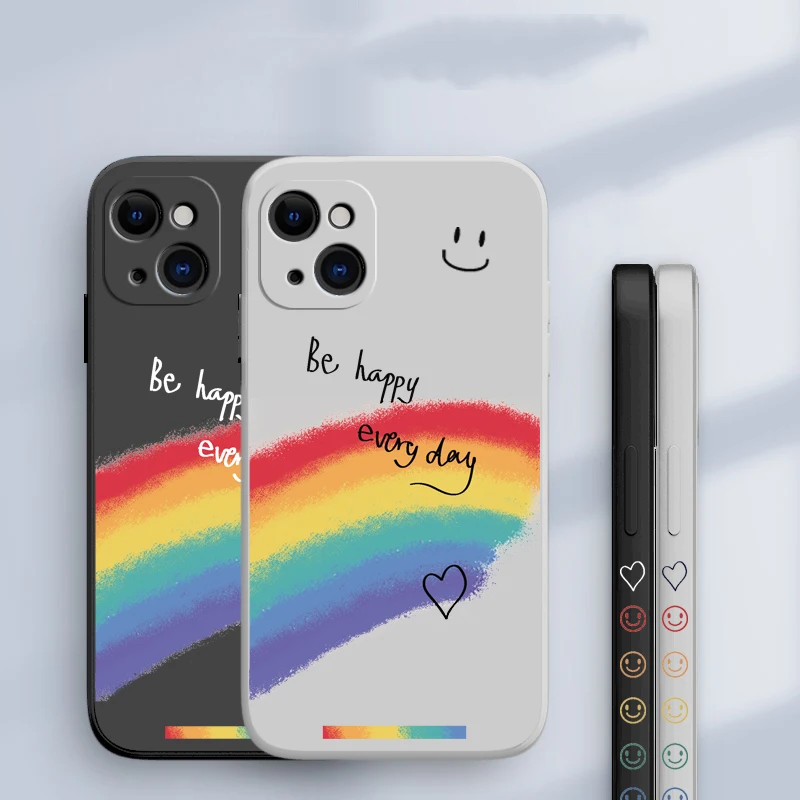 

Square Rainbow Graffiti Side Phone Case For iPhone 13 12 Pro Max 11 XR XS X 7 8Plus Shockproof Smile Pattern Silicone Case Cover