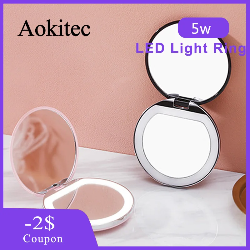 Aokitec круглое светящееся мини портативное светодиодный зеркало для макияжа