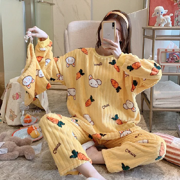 Plus Size Pajamas 2 Piece Pajama Set Women Cartoon Cute Flannel Home Clothes Women Nightwear Round Neck Cute Korean Pajamas