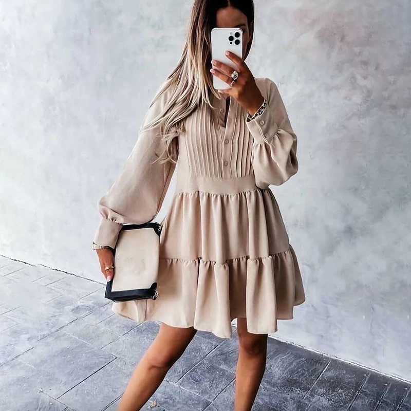 

Fashion Ruffle Button Casual Dress Women 2022 Spring Long Sleeve Loose A-line Mini Dress For Woman Pink Office Ladies Clothes