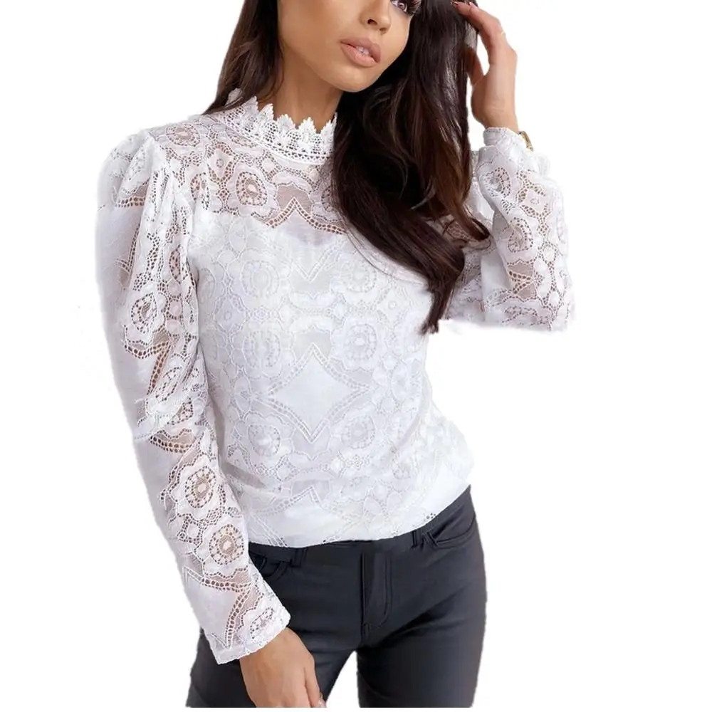 

Женская летняя сексуальная элегантная белая черная кружевная блузка, рубашка с длинными рукавами, прозрачные открытые женские блузки с выш...