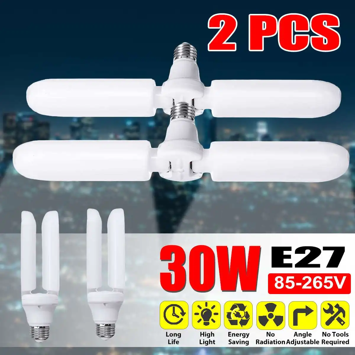 

2Pcs 30W/60W/75W E27 LED Bulb Foldable Fan Blade Bulb 85-265V Led Fan Garage Light Super Bright 6500K for Workshop Ceiling Light