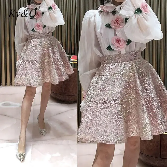 2020 Весенняя Роскошная шифоновая рубашка с высоким воротником и розовыми розами